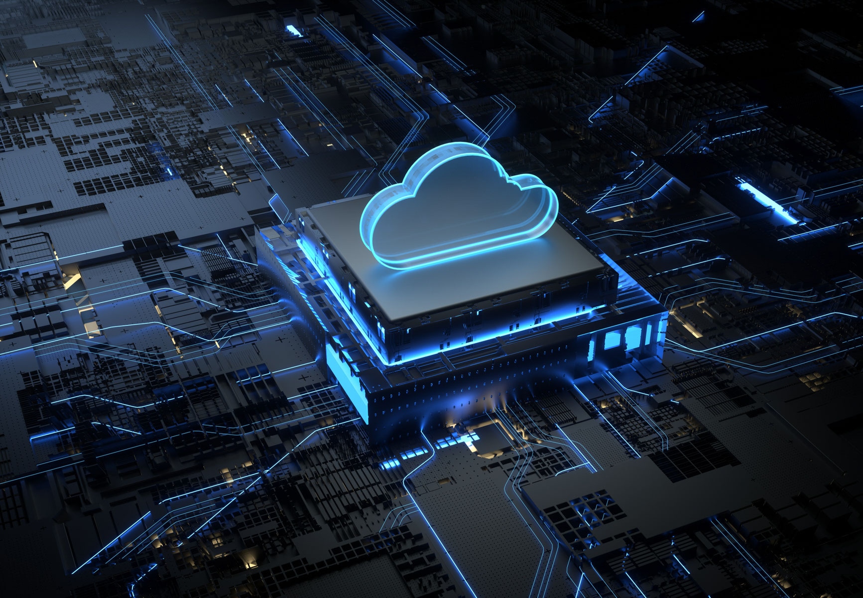 Holographic projection of a cloud on a 3d render of processor.
